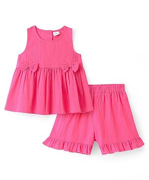 Babyhug Cotton Woven Sleeveless Solid Color Top with Shorts Set with Bow Applique - Fuchsia