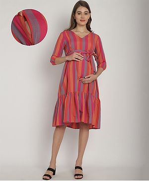 Moms Maternity Three Fourth Sleeves Striped Dress With Concealed Zipper Nursing Access - Pink