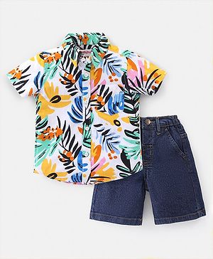 Babyhug Cotton Woven Half Sleeves Shirt & Denim Shorts Set With Tropical Print - Multicolor