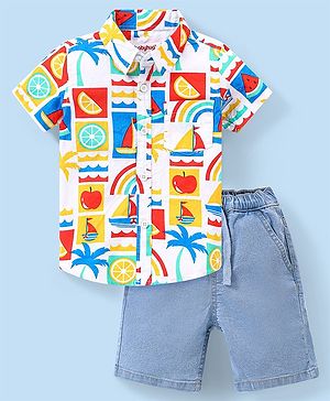 Babyhug Cotton Woven Half Sleeves Sailboats Printed Shirt & Denim Shorts Set - Multicolor