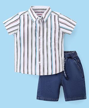 Babyhug Cotton Woven Half Sleeves Striped Shirt & Denim Shorts Set - White & Blue