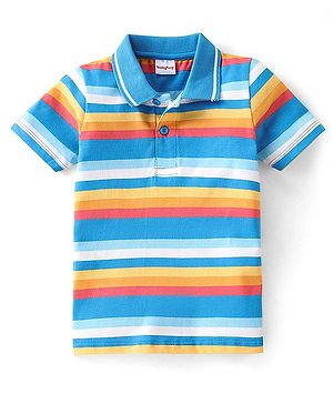 Babyhug 100% Cotton Knit Half Sleeves Striped Polo T-Shirt - Blue