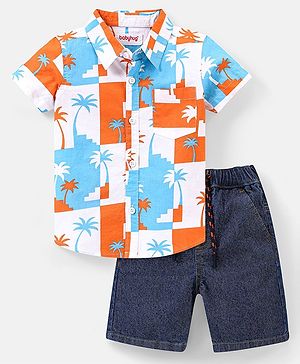 Babyhug Cotton Woven Half Sleeves Palm Trees Printed Shirt & Denim Shorts Set - Multicolor
