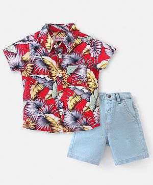 Babyhug Cotton Woven Half Sleeves Shirt & Denim Shorts Set With Tropical Print - Multicolor