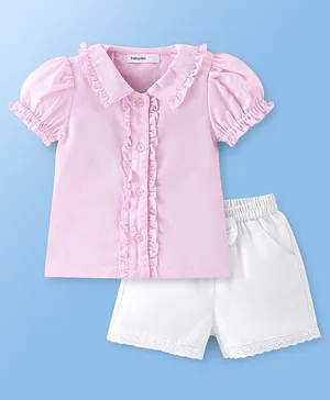 Babyoye Eco Conscious Cotton Linen Half Sleeves Shirt & Shorts Solid Colour - Pink & White