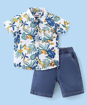 Babyhug Cotton Woven Half Sleeves Shirt & Denim Shorts Set With Tropical Print - Blue