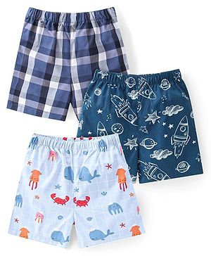 Babyhug Poplin Woven  Boxers Checkered & Space Theme Print Pack of 3 - Multicolour