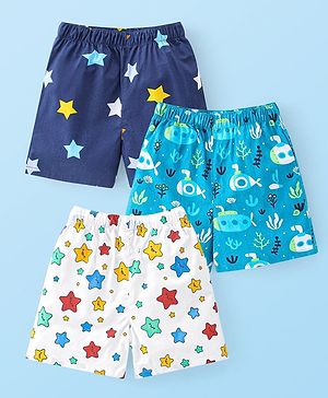 Babyhug Poplin Woven Boxer Stars & Submarine Print Pack of 3 - Blue & White