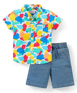 Babyhug Cotton Woven Half Sleeves Abstract Printed Shirt & Denim Shorts Set - Green & Blue