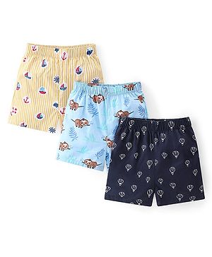 Babyhug Poplin Woven Boat & Sloth Print Boxers Pack of 3 - Multicolour