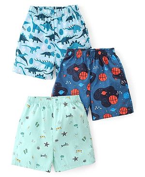 Babyhug Poplin Woven Boxers With Dino & Space Theme Print Pack Of 3 - Blue & Green