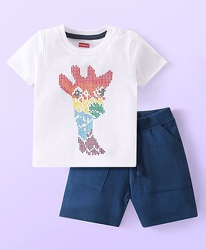 Babyhug 100% Cotton Knit Single Jersey Half Sleeves T-Shirt & Shorts With Giraffe Print - White & Blue