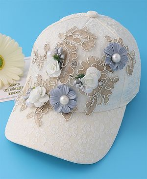 Pine Kids Baseball Cap with Floral Appilique - White