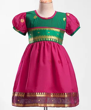 Bhartiya Paridhan Cotton Knit Half Sleeves Ethnic Dress With Ikat Print - Pink & Green