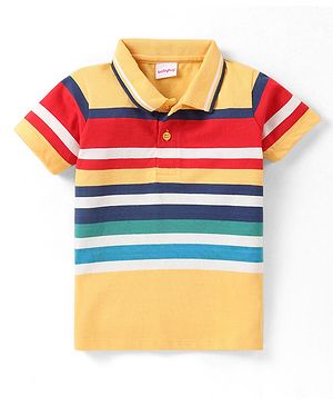 Babyhug Cotton Knit Half Sleeves Polo T-Shirt with Stripes- Mustard