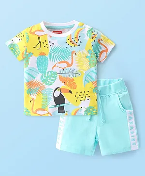 Babyhug Single Jersey Knit Half Sleeves T-Shirt with Shorts Set Flamingo Print - Multicolor & Blue