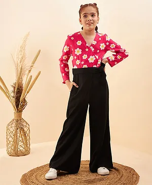 Cherry & Jerry Full Sleeves Flower Printed Wrap Up Jumpsuit - Black & Pink