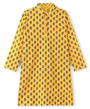 EARTHY TOUCH Single Jersey Knit Full Sleeves Kurta Floral Print - Yellow