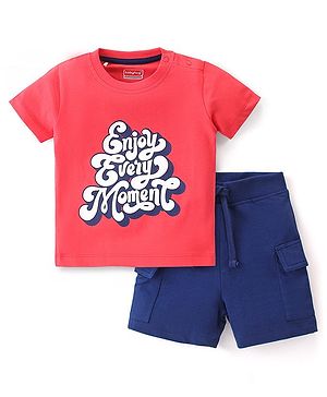 Babyhug Single Jersey Knit Half Sleeves T-Shirt with Shorts Set Text Print - Red & Navy Blue