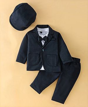 Robo Fry Full Sleeves Party T-Shirt & Trouser Set with Blazer Bow Applique & Hat  Solid Colour  - Navy Blue