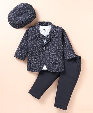 Robo Fry Knit Full Sleeves Blazer T-Shirt & Trouser Set with Sea Life Theme Print Attached Bow & Hat  - Charcoal Grey