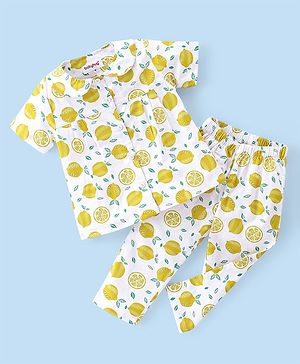 Babyhug Woven Half Sleeves Night Suit With Lemon Print - White & Yellow