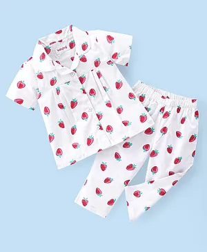 Babyhug Poplin Woven Half Sleeves Night Suit Strawberry Print - White