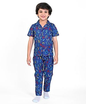Babyhug Poplin Woven Half Sleeves Night Suit With Alphabet Print - Blue