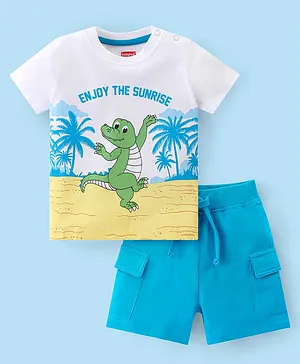 Babyhug Single Jersey Knit Half Sleeves T-Shirt with Shorts Set Croc Print - White & Blue