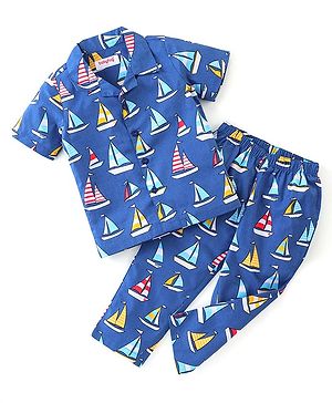 Babyhug Poplin Woven Half Sleeves Night Suit with Boat Print - Blue