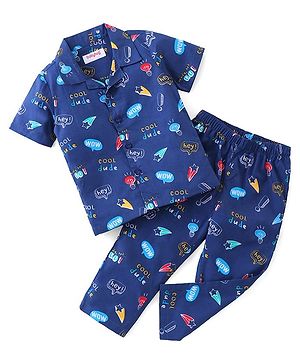 Babyhug Poplin Woven Half Sleeves Night Suit Text Bubbles Print - Navy