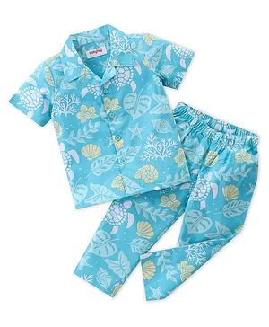 Babyhug Poplin Woven Half Sleeves Night Suit Floral Print - Blue