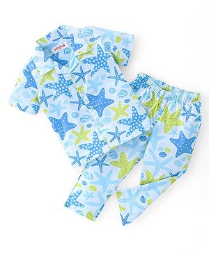 Babyhug Poplin Woven Half Sleeves Night Suit Star Fish Print-Blue