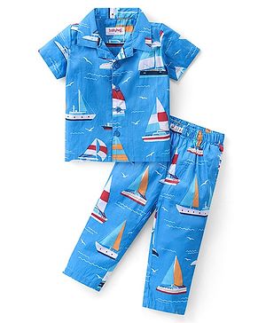 Babyhug Woven Half Sleeves Night Suit Boat Print - Blue