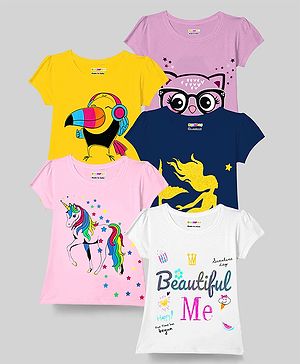 KUCHIPOO Pack Of 5 Half Sleeves Unicorn Bird & Cat Printed Tees - Yellow Blue Pink White & Lilac