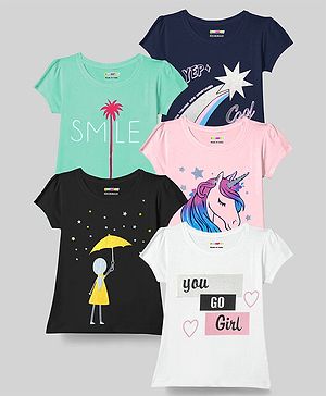 KUCHIPOO Pack Of 5 Half Sleeves Star Unicorn & Heart Printed Tees - Navy Blue Light Pink Black & Light Green