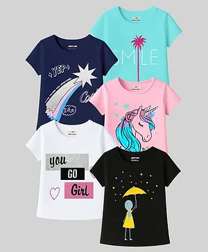KUCHIPOO Pack Of 5 Half Sleeves Star
                              Unicorn & Heart Printed Tees - Navy
                              Blue Light Pink Black & Light Green