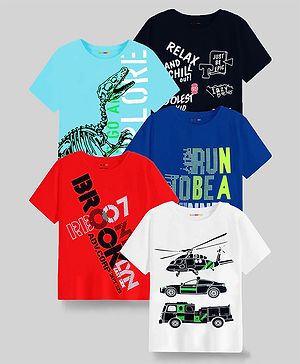 KUCHIPOO Pack Of 5 Half Sleeves Car & Text Printed Tees - Black Sky Blue Royal Blue Red & White