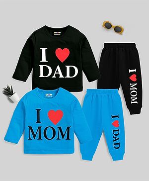 KUCHIPOO Pack Of 2 Full Sleeves I Love Mom & I Love Dad Text Printed Cotton Tees With Joggers - Black & Blue