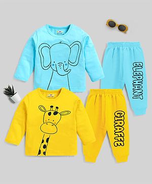 KUCHIPOO Pack Of 2 Full Sleeves Elephant  & Giraffe  Printed Cotton Tees With Joggers - Blue & Yellow