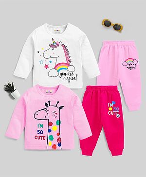 KUCHIPOO Pack Of 2 Full Sleeves Unicorn & Giraffe  Printed Cotton Tees With Joggers - White & Pink