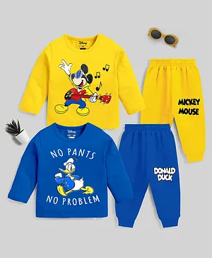 KUCHIPOO Cotton Pack Of 2 Disney Featuring Full Sleeves Mickey Mouse & Donald Duck Printed Cotton Tee & Joggers - Yellow & Blue