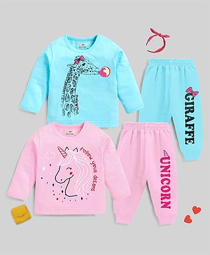 KUCHIPOO Pack Of 2 Full Sleeves Giraffe & Unicorn Printed Cotton Tee With Joggers - Blue & Pink