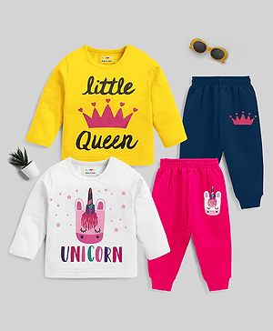 KUCHIPOO Pack Of 2 Full Sleeves Unicorn & Typography Printed Cotton Tee With Joggers - Multi Colour