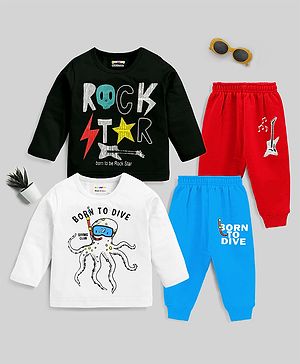 KUCHIPOO Pack Of 2 Full Sleeves Guitar & Octopus Printed Cotton Tee With Joggers - Multi Colour