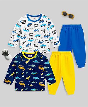 KUCHIPOO Pack Of 2 Full Sleeves Dinosaur & Vehicle Printed Cotton Tees With Joggers - Multi Colour