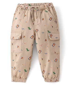 Babyhug Cotton Lycra Woven Full Length Trousers With Stretch Beach Theme Print-Khaki