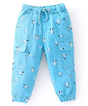 Babyhug Cotton Lycra With Stretch Woven Full Length Trousers With Bird Print - Blue
