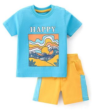 Babyhug Single Jersey Knit Half Sleeves T-Shirt with Shorts Set Beach Theme - Blue & Yellow