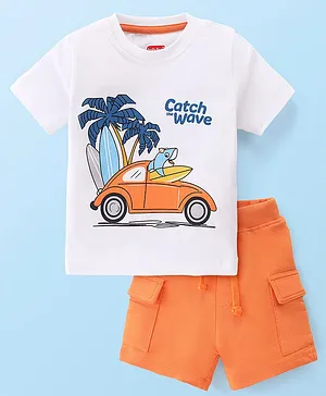 Babyhug Single Jersey Knit Half Sleeves T-Shirt with Shorts Set Shark Print - White & Orange